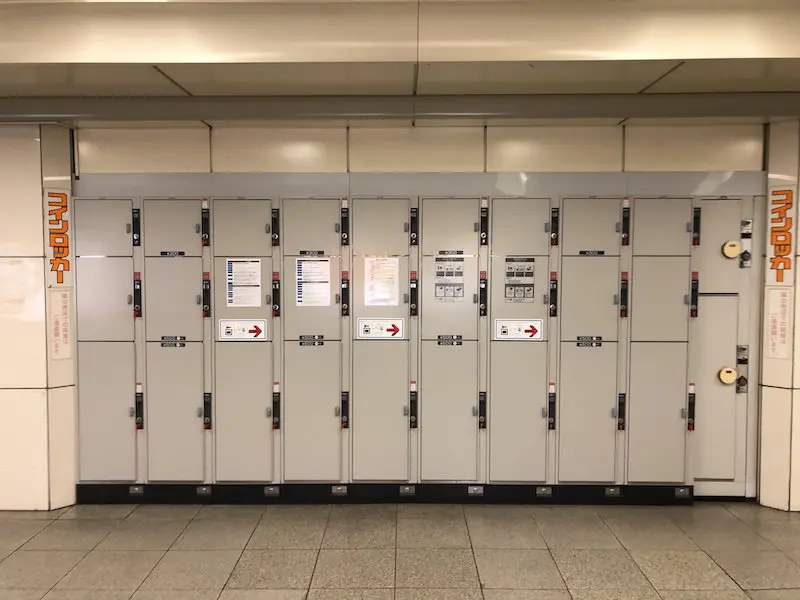 Coin lockers near the center of the main passageway at Nishi-Umeda Station