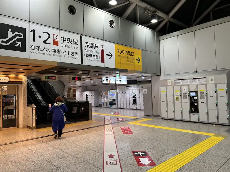 These coin-operated lockers are located on the south side of the north-south aisle on the Marunouchi side of the 1st floor, across from the curry and book store.