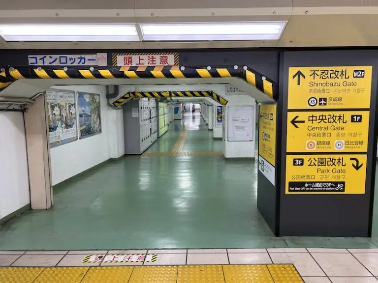 The low-ceilinged "Shinobazu-guchi Liaison Passageway". Coin lockers are located on both sides of this passageway.