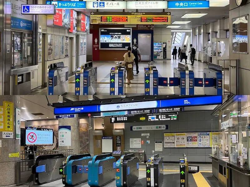 Above: Tokyo Monorail Tennozu Isle Station, Below: Rinkai Line Tennozu Isle Station