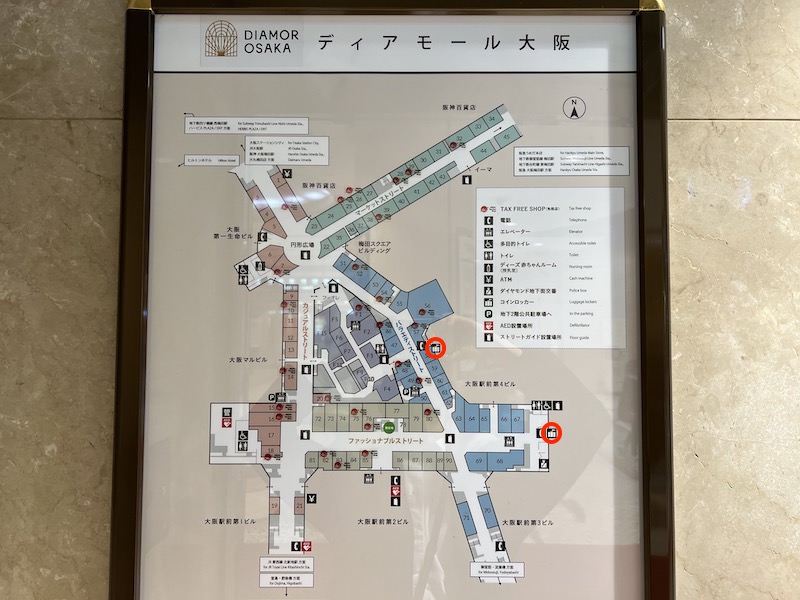 ディアモール大阪のフロアマップ。赤丸のところにコインロッカーがある。