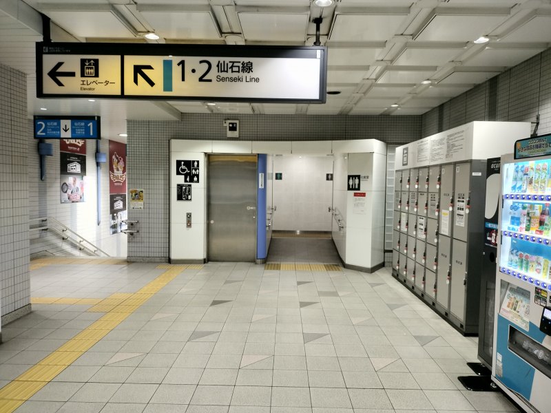 改札を入って直進していくと、つきあたりのトイレ入口付近にコインロッカーがあります。